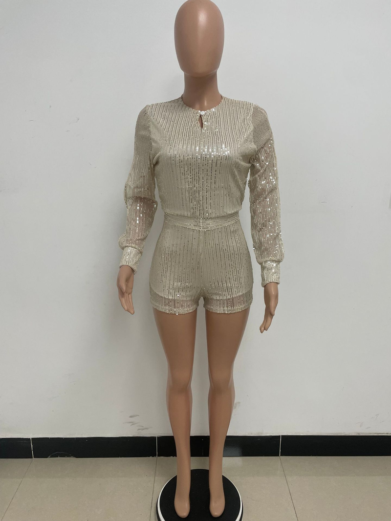 Damkläder jumpsuit mode smal långärmad slits paljettjumpsuit_voghion.com