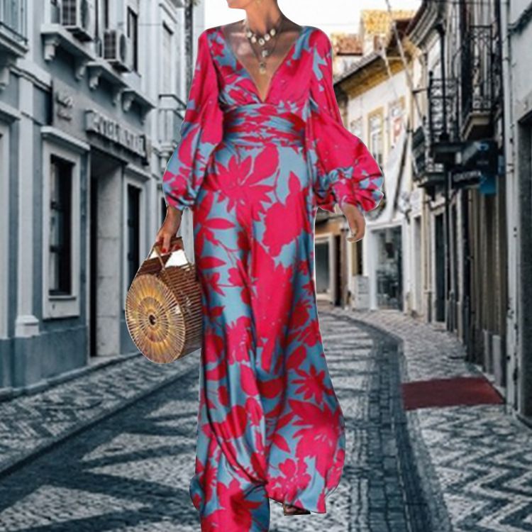 Fan 2025 Autumn New Rose Rød V-hals Talje Cinched Langærmet Jumpsuit Til Kvinder Jul Thanksgiving Halloween Valentinsdag_voghion.com