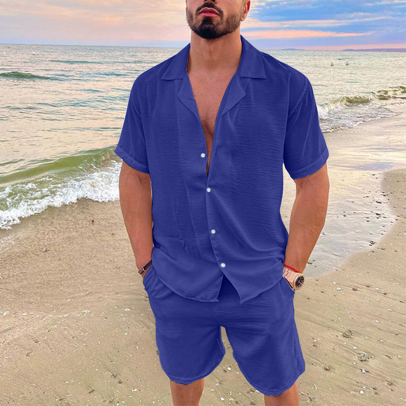 Set de pantaloni scurți cu mânecă scurtă, din bumbac și in, Hawaii, 2024, vară, guler polo, stil hawaian, bărbați_voghion.com