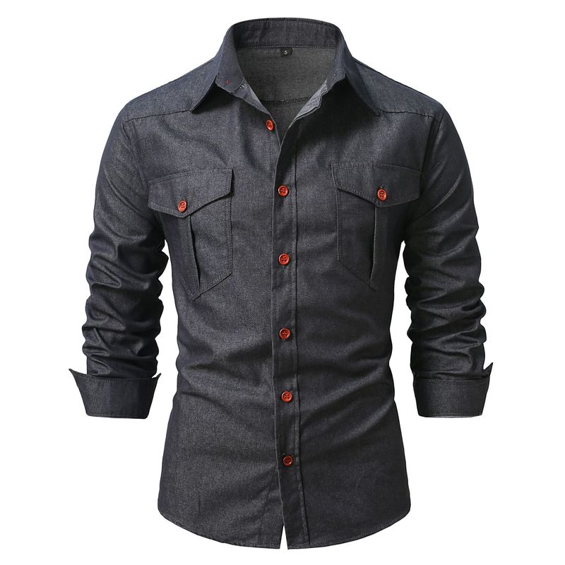 Herrenbekleidung Neue Herren Casual Denim Outdoor Workwear Langarmhemd Jugend Einfarbiges Hemd Herrenbekleidung_voghion.com