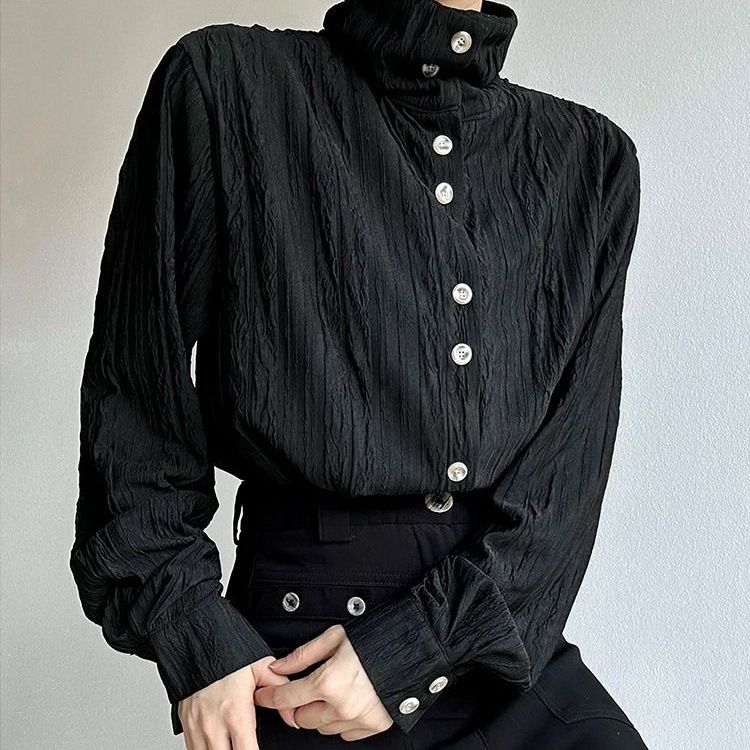 High-End Japanese Style Base 2025 Spring And Autumn Fashion New Textured Stand Collar Unisex Long Sleeve Shirt_voghion.com