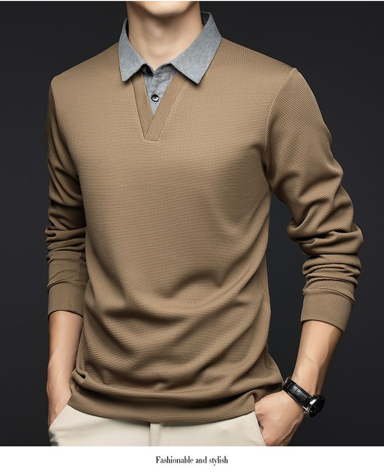 Shirt-Collar Waffle Knit Tee – Layering Essential For Men (Black, Khaki, Heather Grey)_voghion.com
