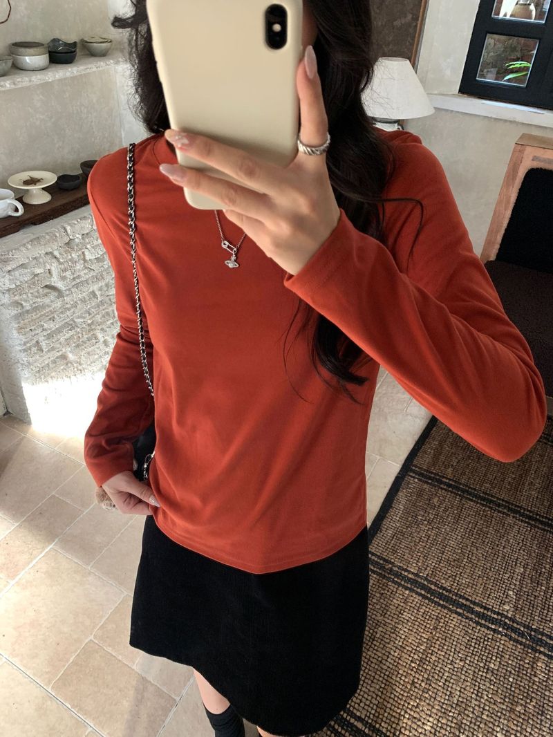 ragazza Huang Zheng Basic Korean Style Slim Fit T-shirt a maniche lunghe Top Base Shirt per donna 124TT7008_voghion.com