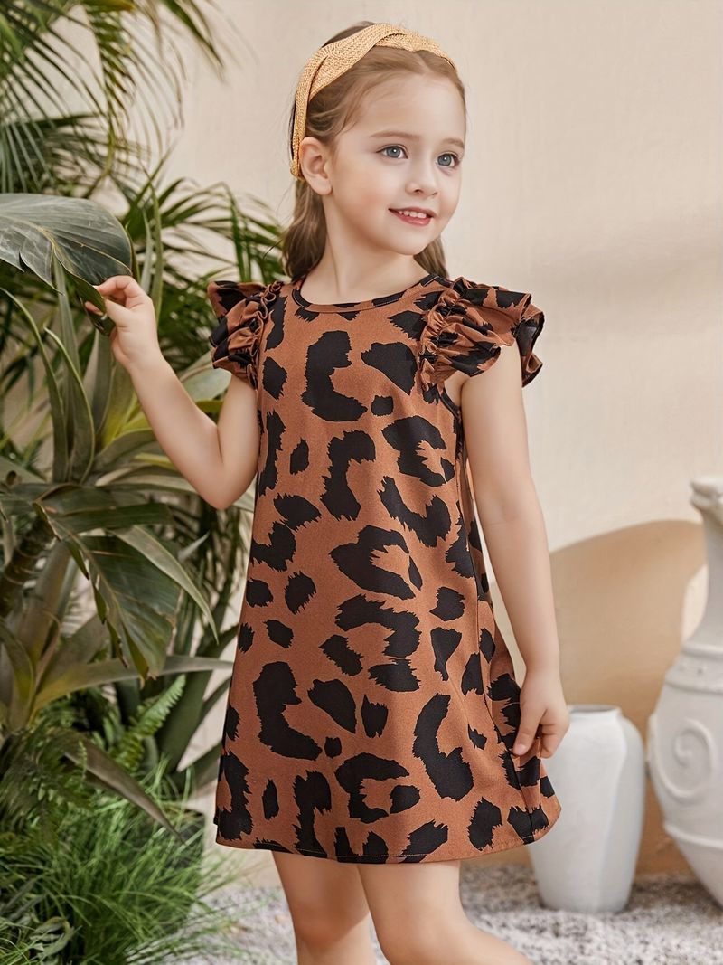 Kinderkleidung INS Frühlings- und Sommerkleider für Mädchen Modisches Leopardenmuster Kleine fliegende Ärmel Modische Kleider für Mädchen Sommerkleidung_voghion.com