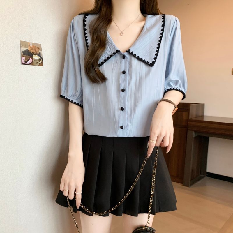 Camicetta blu con spalle scoperte per donna, taglie forti estive, modellante, snellente, stile francese, colletto a bambola, manica corta,_voghion.com