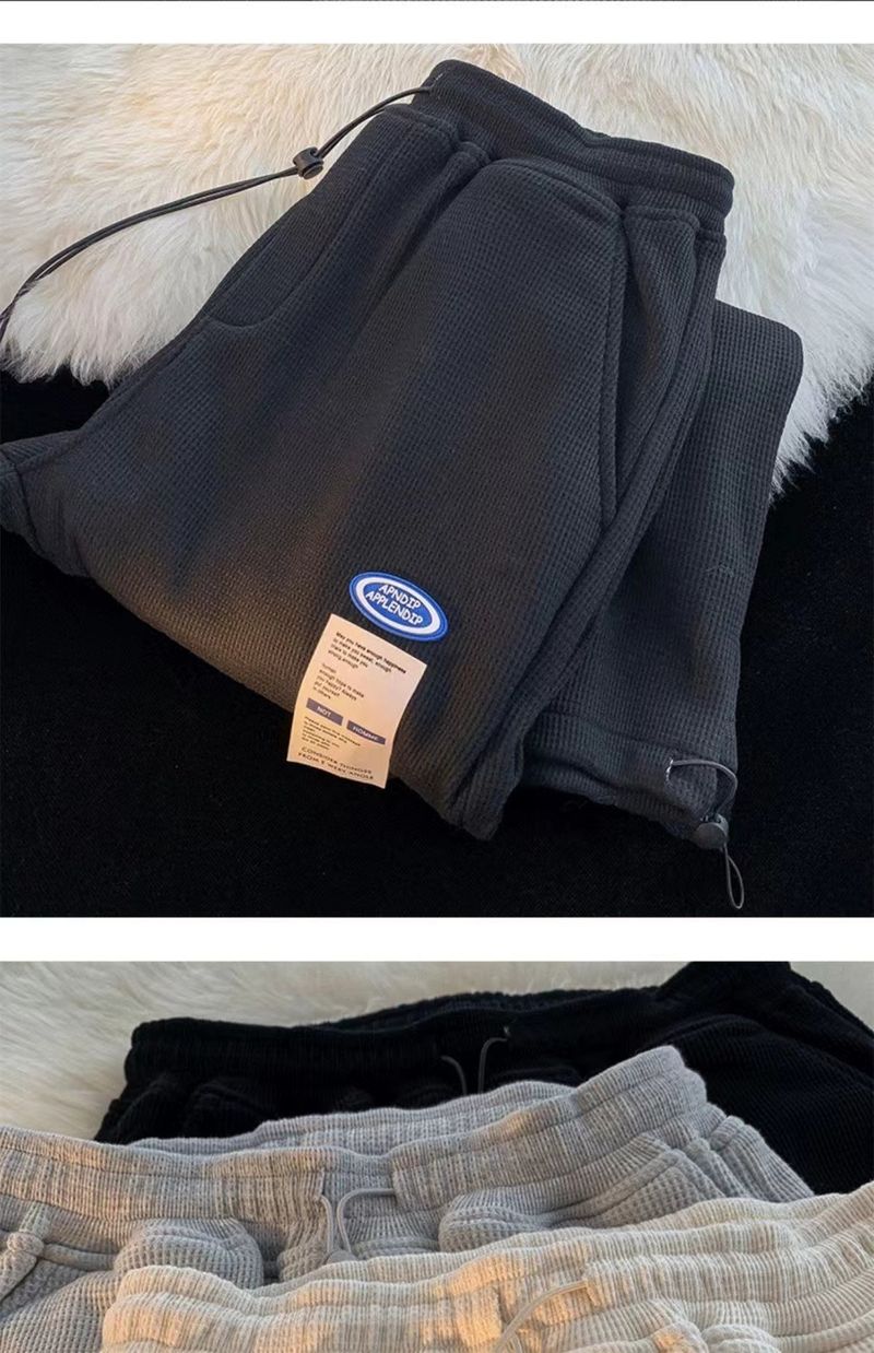 Jogginghose mit Waffelstrick für Herren – lässige Jogginghose mit geradem Bein für Teenager, weiches und atmungsaktives Polyester, elastischer Bund, einfarbig_voghion.com