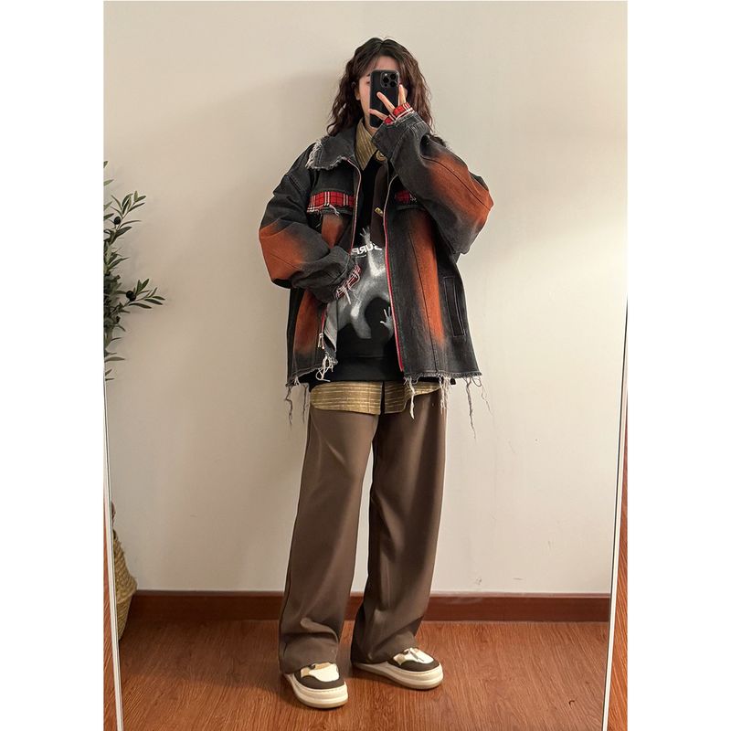 American Plaid Spliced Denim Jacket For Women's Spring New Style, Spray Painted, Washed, Distressed, With A High-End_voghion.com