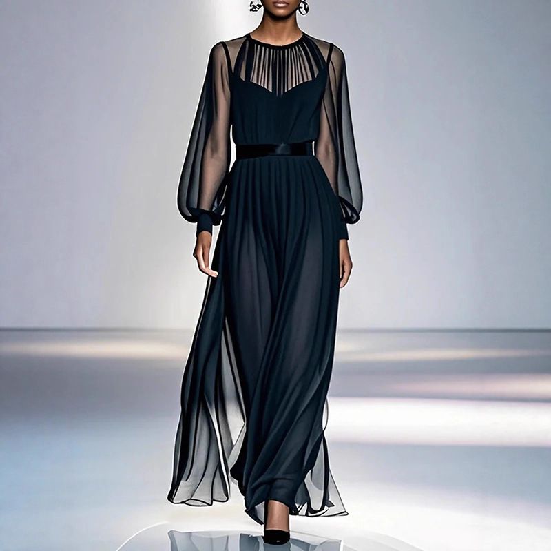 Completo due pezzi in rete nera – Elegante abito lungo a vita alta con maniche lunghe e rivestimento trasparente (nero senza tempo, versatilità dall'ufficio al cocktail)_voghion.com