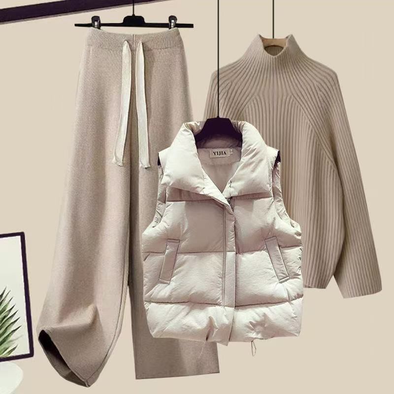 Ensemble pull et gilet décontractés en tricot grande taille pour femme avec pantalon amincissant - Tenue d'intérieur automne-hiver en beige, marron et noir_voghion.com