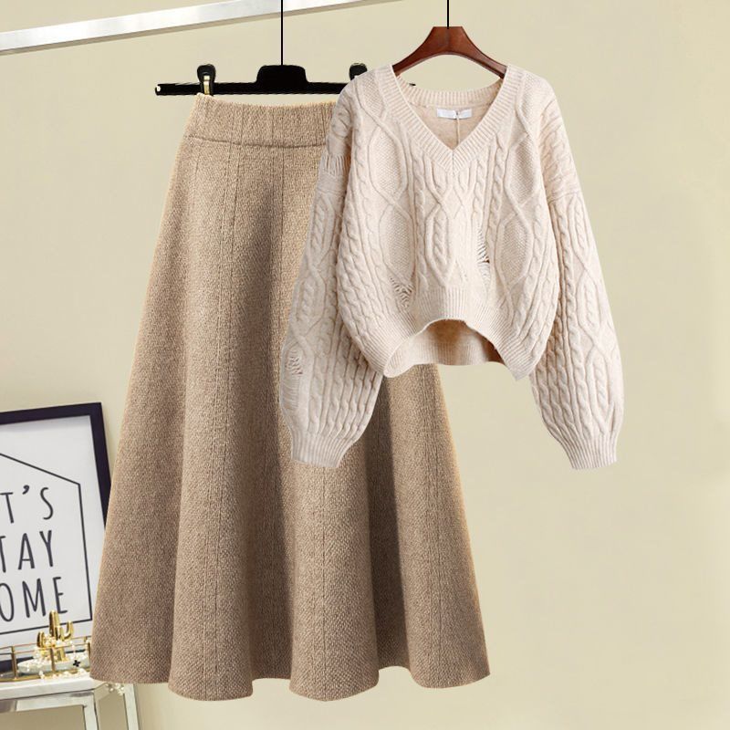 Women's Clothing Large Size Autumn And Winter Suits For Women 2024 New Lazy Loose Western Style Knitted Sweater Women's Slim Skirt Two Piece Suit_voghion.com