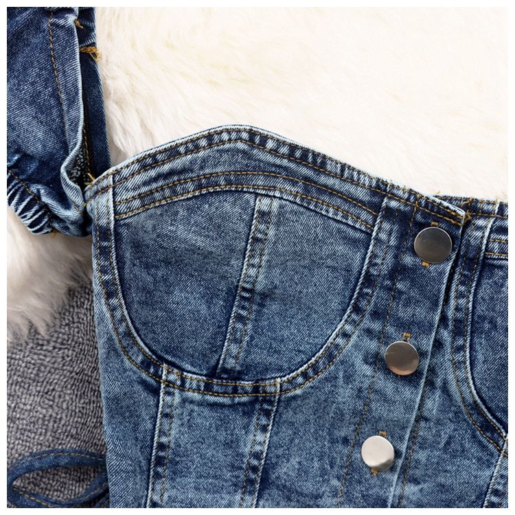 Abbigliamento da donna Vero e proprio colpo di linea retrò con scollo quadrato monopetto con maniche a sbuffo e gonna a pieghe con gonna a sbuffo in denim a due pezzi_voghion.com