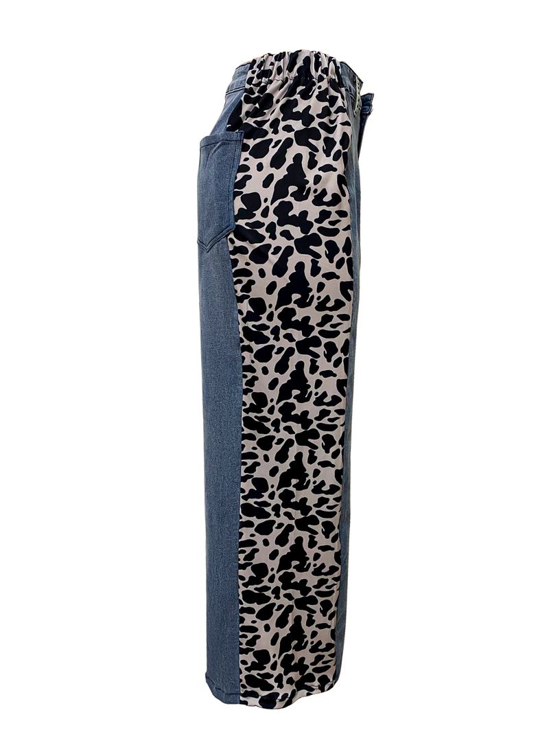 Women's Clothing Street Fashion Splicing Leopard Print Straight Washed Denim Trousers_voghion.com
