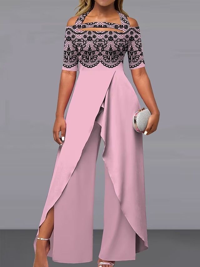 Combinaison sexy à col licou et épaules dénudées pour femmes, manches courtes, imprimée, décontractée, jambe large_voghion.com