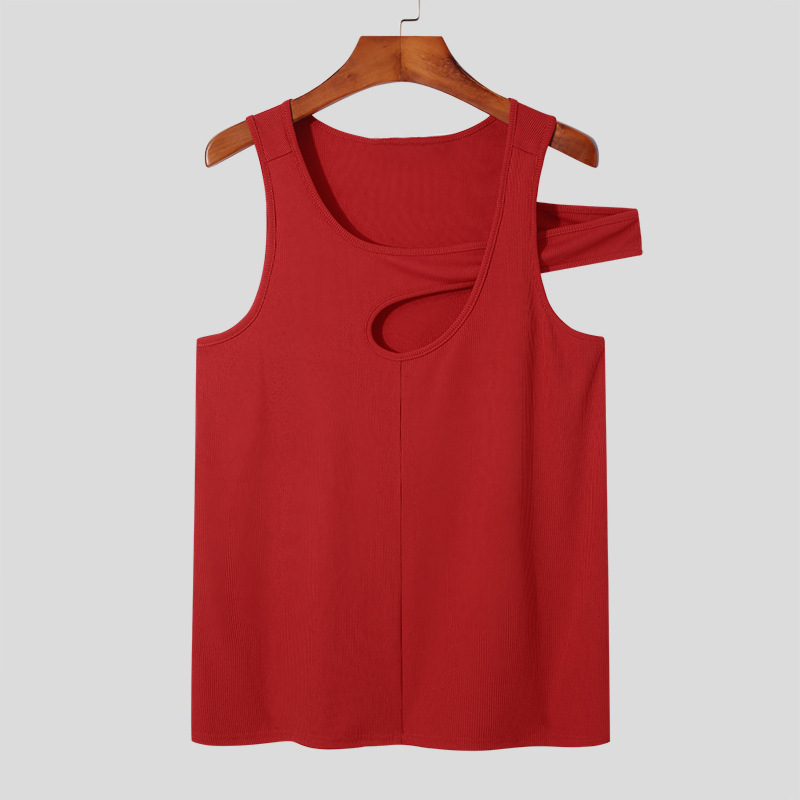 Man's clothing Personality vest hollowed out sleeveless T-shirt tight-fitting men's off-the-shoulder bottoms_voghion.com