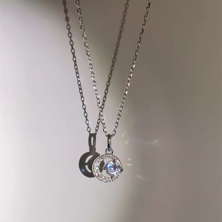 Collana in argento sterling con moissanite, oro rosa, stile coreano, diamante singolo rotondo intarsiato, mezzaluna dolce_voghion.com