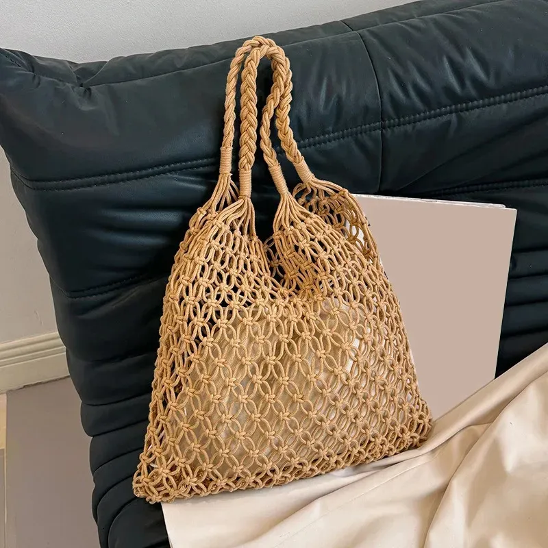 Borse all'uncinetto alla moda per le donne, borsa da spiaggia estiva, borsa a mano in rafia, borsa in paglia estetica, bohémien, intrecciata a maglia, a tracolla_voghion.com