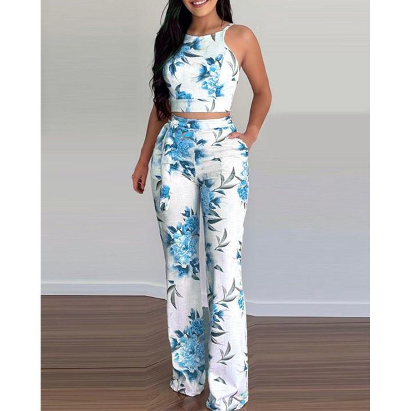 Vêtements pour femmes été deux pièces gilet court imprimé taille haute pantalon large costume de loisirs pour dames_voghion.com