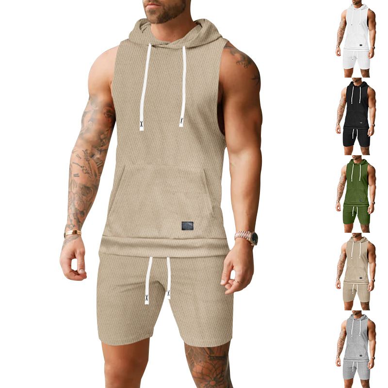Ärmlös enfärgad jacquardstickad huvad ärmlös t-shirt casual västshorts set för män_voghion.com