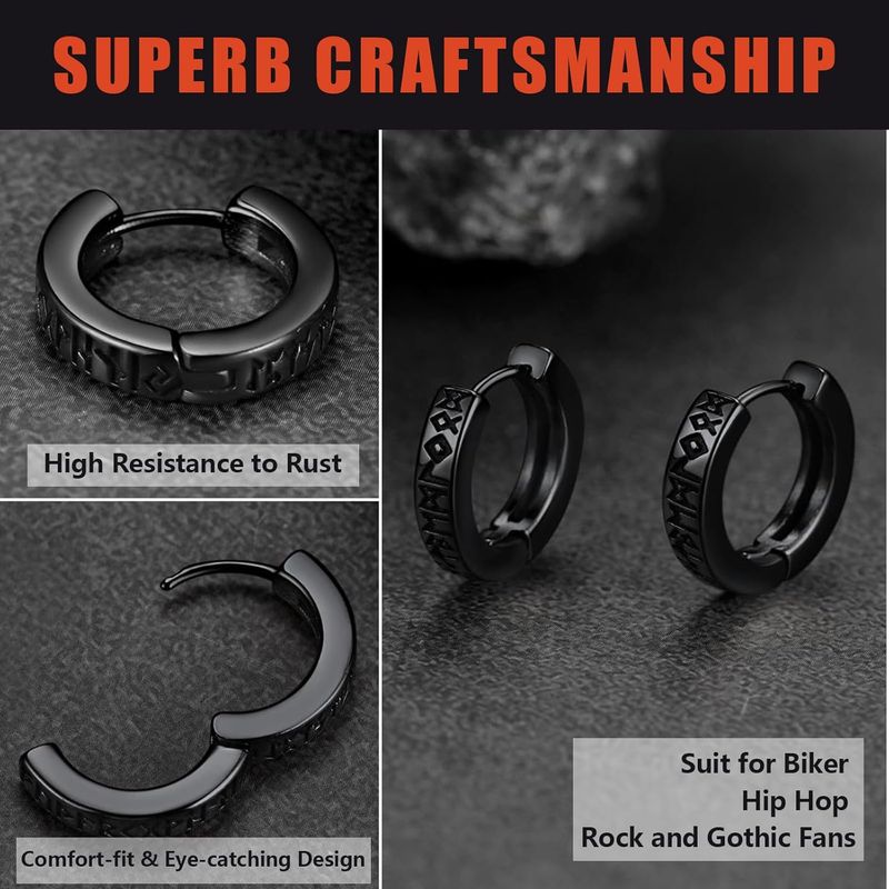 1 paio di orecchini a cerchio da uomo, amuleto protettivo in acciaio inossidabile con orecchini con rune nordiche antiche da uomo, orecchini a cerchio, orecchini a bottone_voghion.com