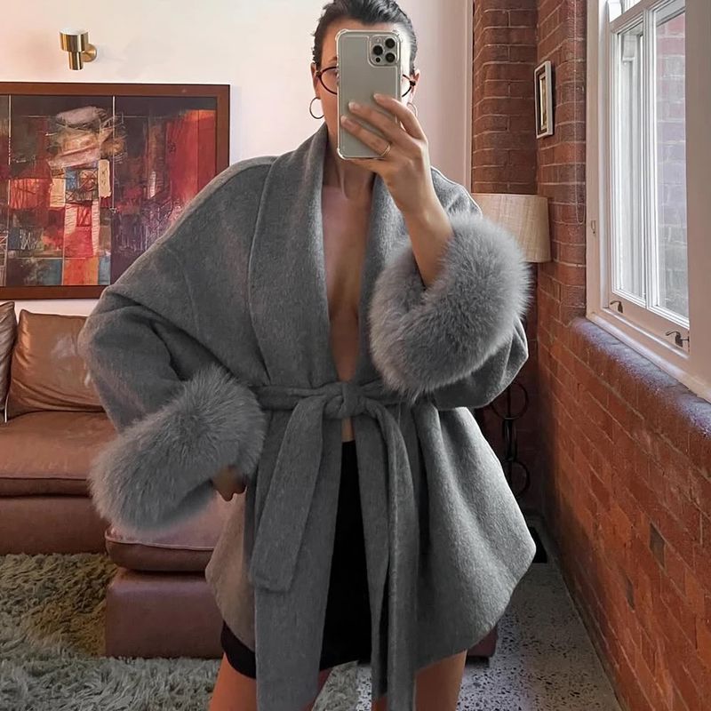 Women's Clothing Autumn And Winter Woolen Coat Short Coat Women's Cuffs Fur V Neck Lace Up Solid Color_voghion.com