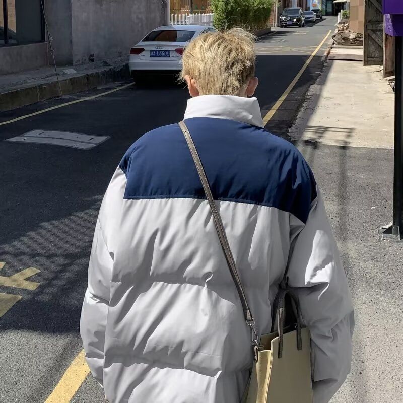 Piumino invernale da uomo, stile americano, spesso, caldo e alla moda, con colletto rialzato, in cotone, stile coppia, color-block_voghion.com