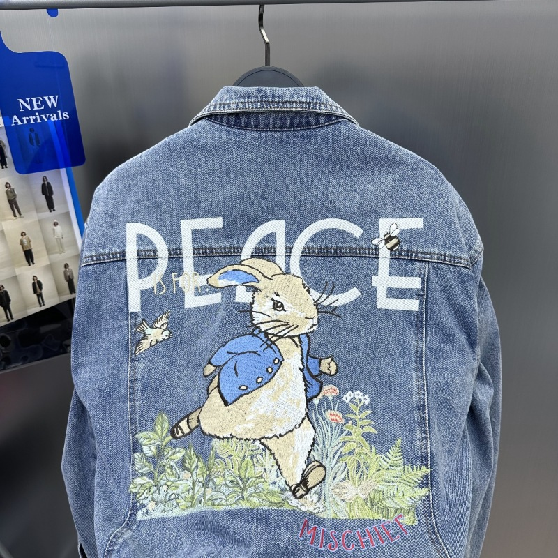 Herretøj Herre originalt trendy mærke tegneserie tungt broderi løst arbejdstøj denimjakke blå frakke mænd_voghion.com