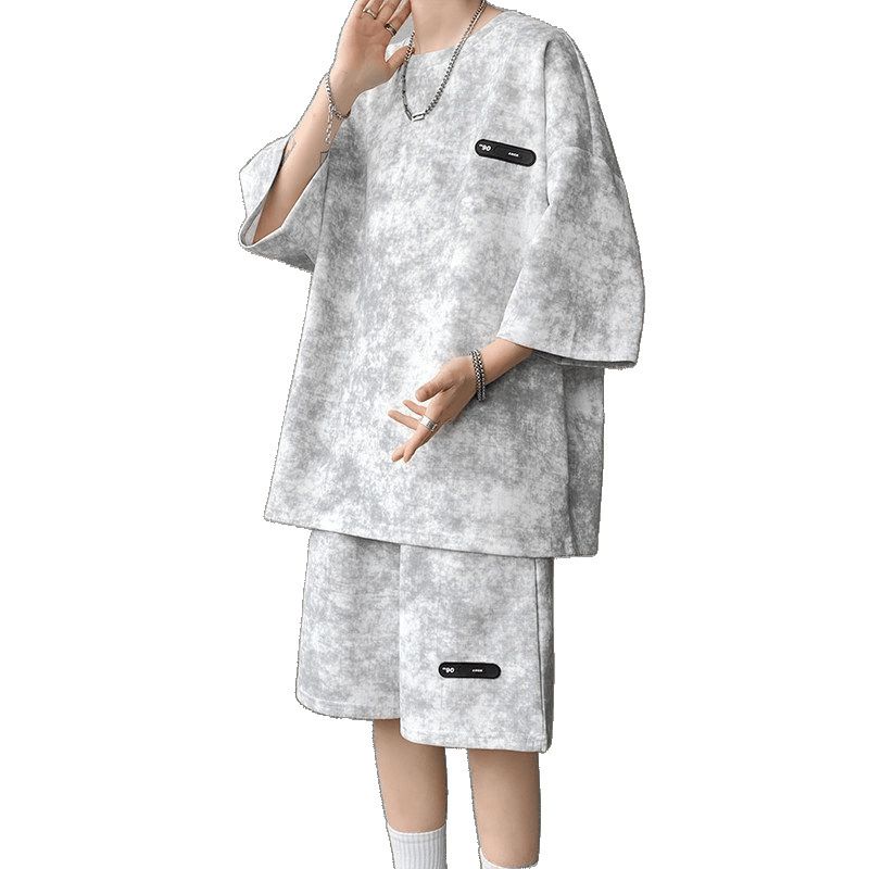 Sommer-Outfit für Herren, einzigartiges Batik-T-Shirt mit Dreiviertelärmeln und Shorts, trendiges cooles Herren-Set in Übergröße_voghion.com