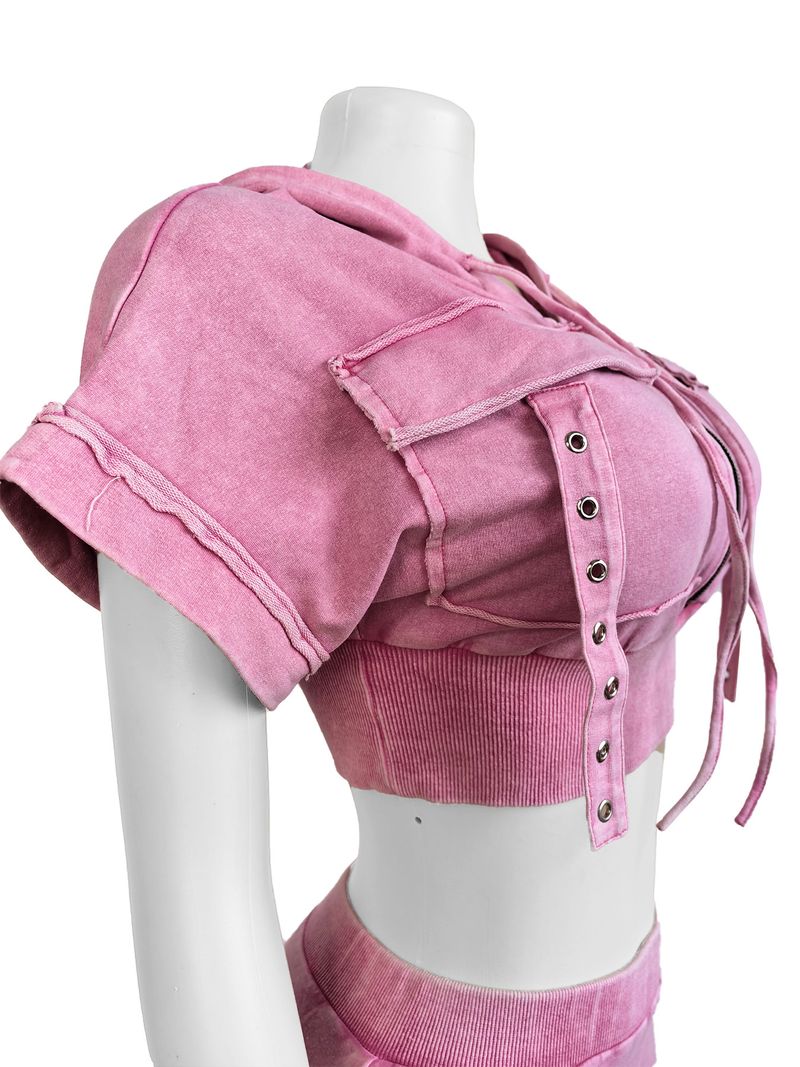 Roupas femininas lavadas, desgastadas, com decote em V, manga morcego, umbigo exposto, saia com capuz_voghion.com