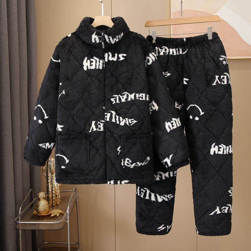 Muška odjeća, pidžama od koraljnog flisa, jesenski i zimski stil, troslojna prošivena, zadebljana i baršunasta, topla flanelska muška kućna odjeća, odijelo_voghion.com