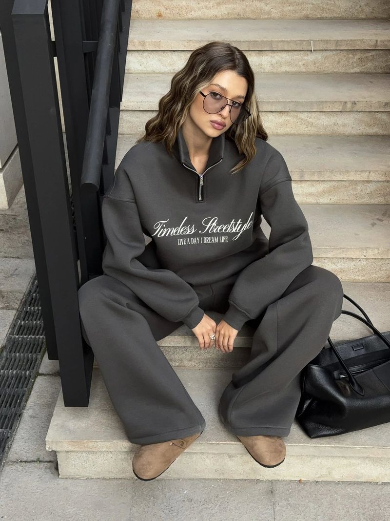 Oversized Letter Print Sweatshirt & Jogger Set - Unisex Streetwear Lounge Two-Piece, Drop Shoulder Long Sleeve Hoodie With Matching Drawstring Pants_voghion.com