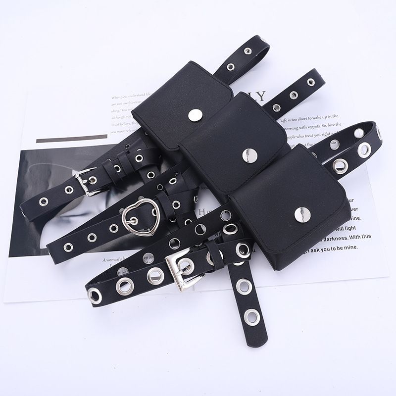 Combination black casual decoration jeans full hole eyelets paired with zero wallet waist bag belt_voghion.com