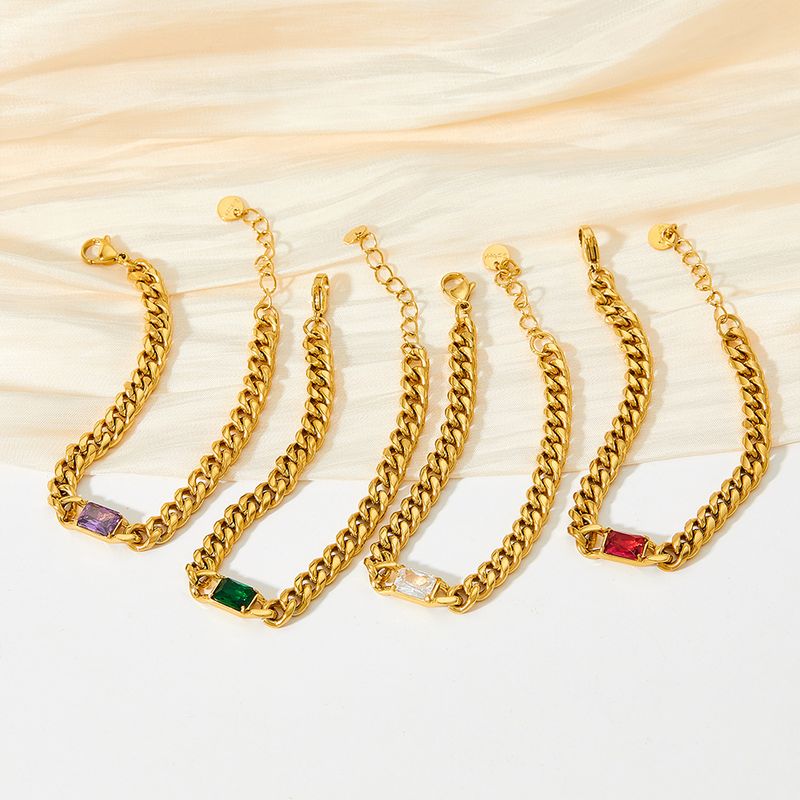 Zircon Cuban Chain Bracelet Green Vacuum Plated Gold Stainless Steel Fashion High-end Sense Women's Jewelry_voghion.com