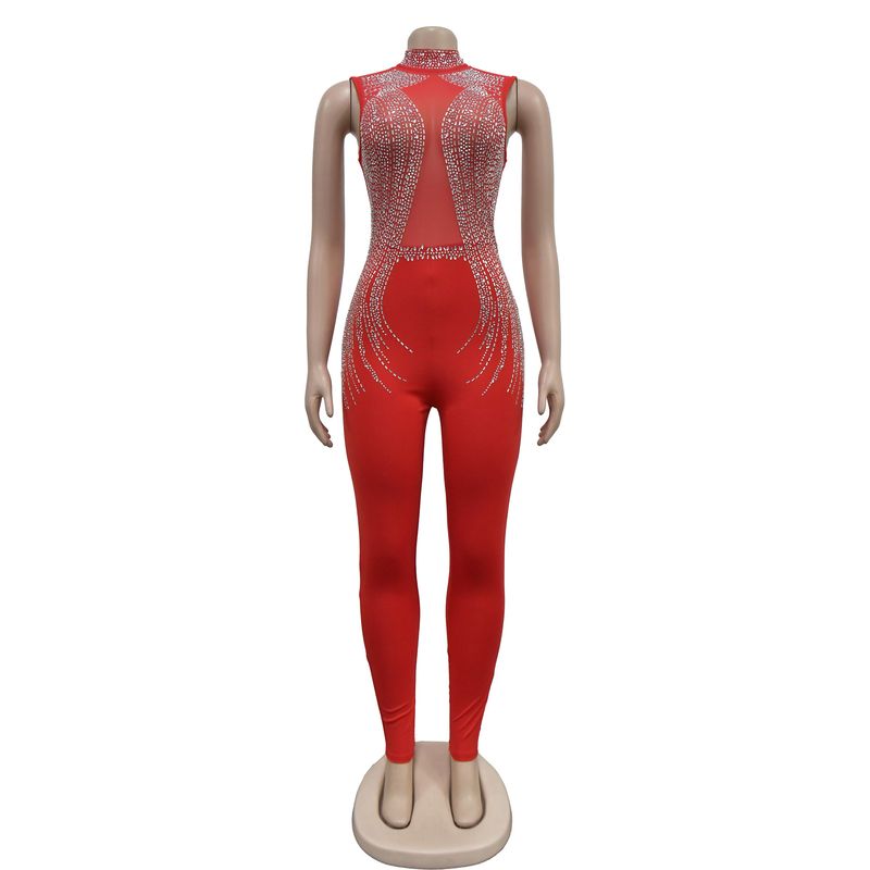 Vêtements pour femmes mode femmes couleur unie maille presse perceuse sans manches pantalon combinaison_voghion.com