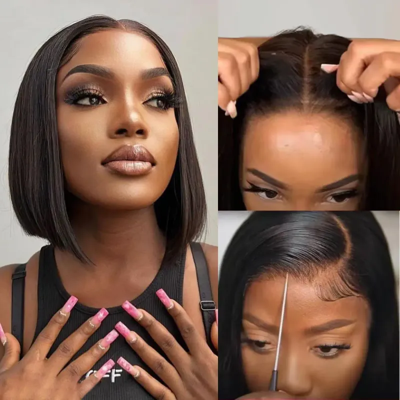 Parrucca frontale in pizzo con capelli umani senza colla, 13x4, corta, liscia, pre-pizzicata_voghion.com