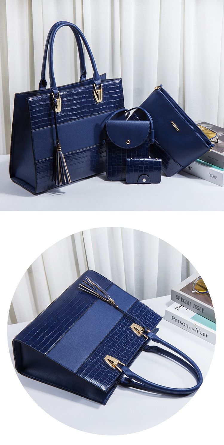 New Large Capacity Crocodile Pattern Handbag Fashionable Tassel Bag Trendy Single Shoulder Diagonal Four Piece Set Mother Bag_voghion.com
