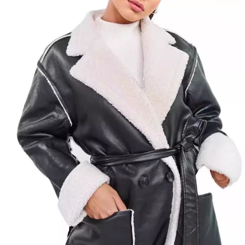 Giacca a vento spessa in pelle casual da donna, autunno inverno, giacca allacciata alla moda e ampia per le donne_voghion.com