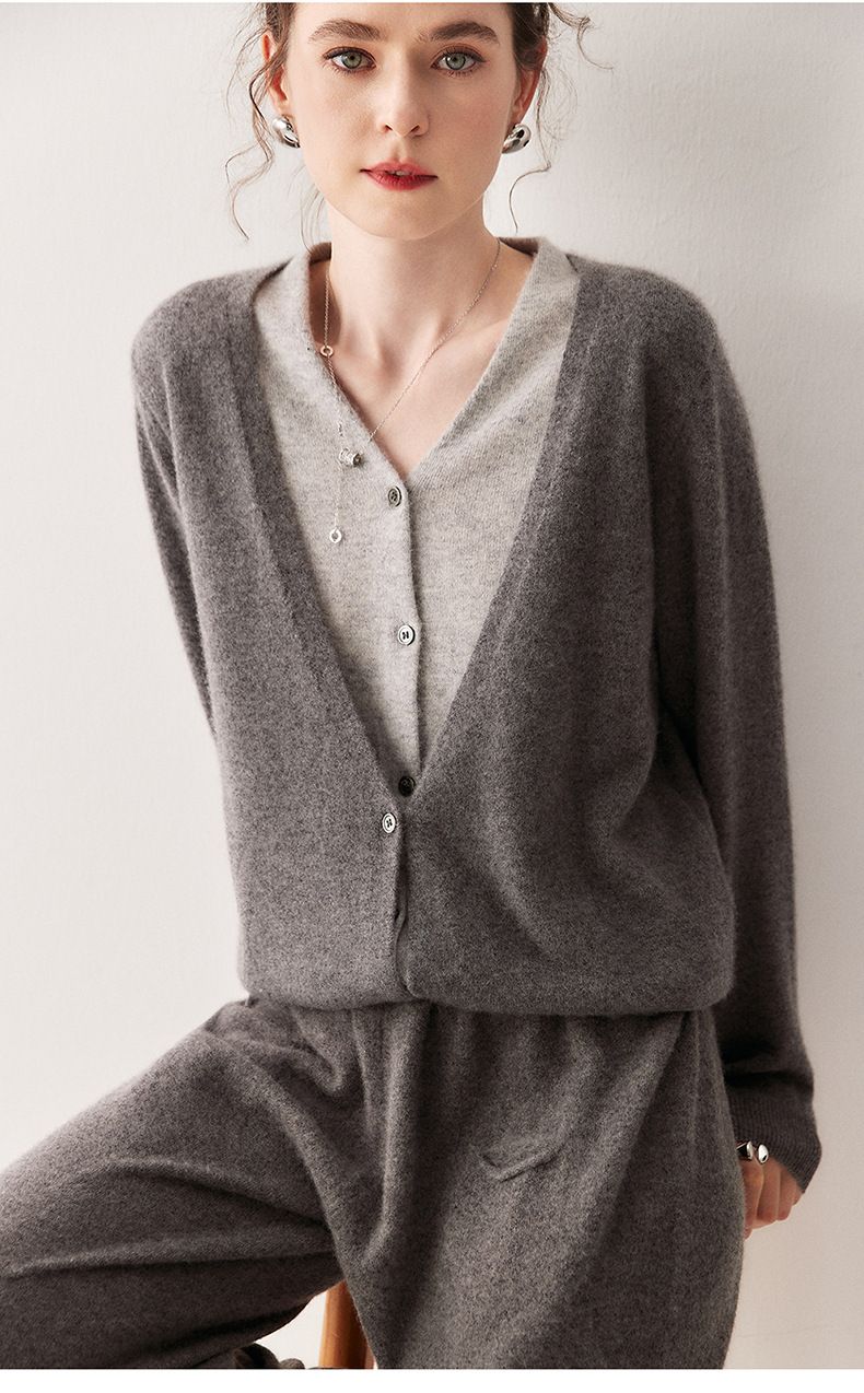 Cardigan tricoté à col en V pour femme, doux et confortable, style français, automne-hiver, pull ample en cachemire_voghion.com