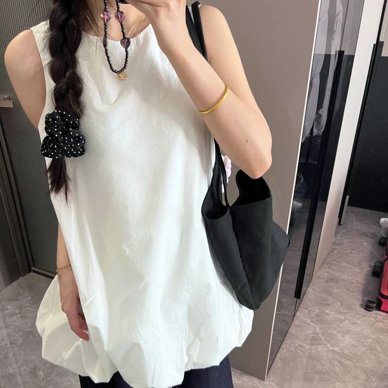 Gilet con maniche a lanterna in tinta unita per donna, nuovo abito senza maniche versatile a trapezio e snellente, alla moda estiva 2025_voghion.com