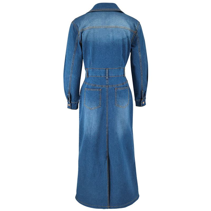 Abito lungo casual da donna in denim rilassato con bottoni sul davanti e spacchi laterali (S-2XL)_voghion.com