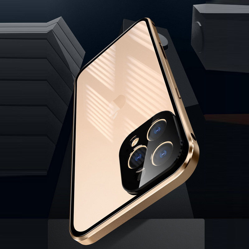 Funda de vidrio de doble cara con protección completa de 360 ° para iPhone 14, 13, 12 Pro Max, hebilla deslizante, parachoques de Metal de aleación de aluminio_voghion.com
