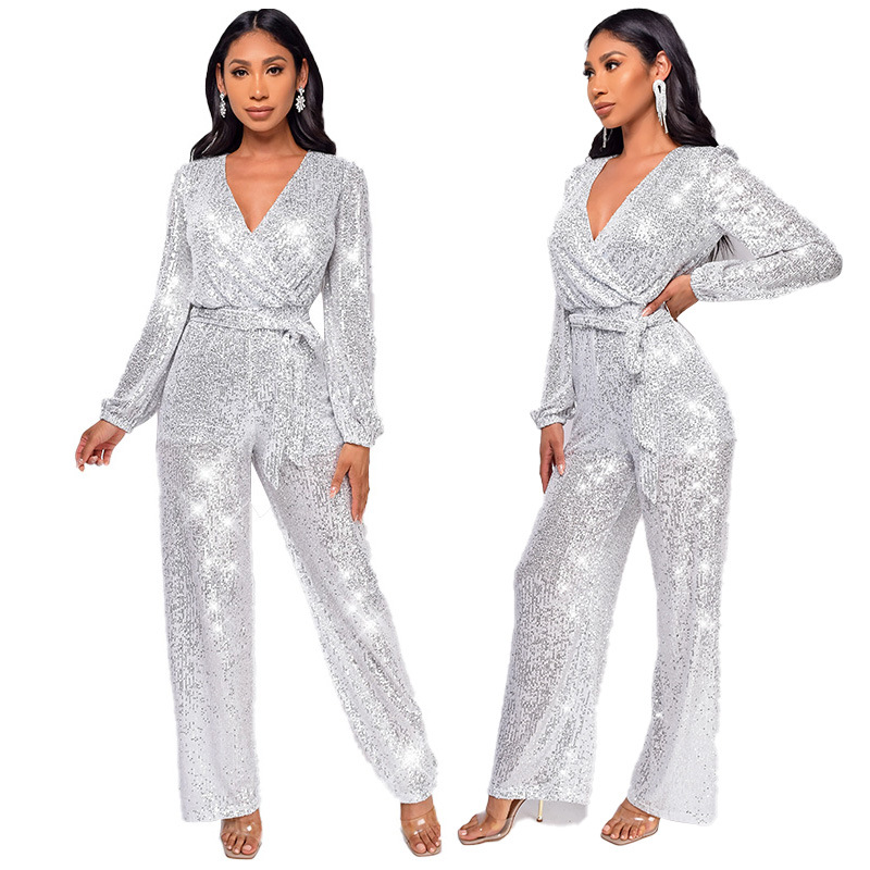 Damkläder Ins Style Deep V Mode Casual Jumpsuit Långärmat Bälte Paljett Jumpsuit Dam_voghion.com