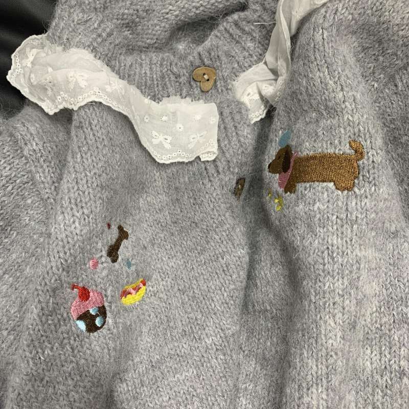 Chaqueta tipo cárdigan de encaje empalmado, bordado de perro de otoño para mujer, suéter de punto suave y dulce, versátil._voghion.com