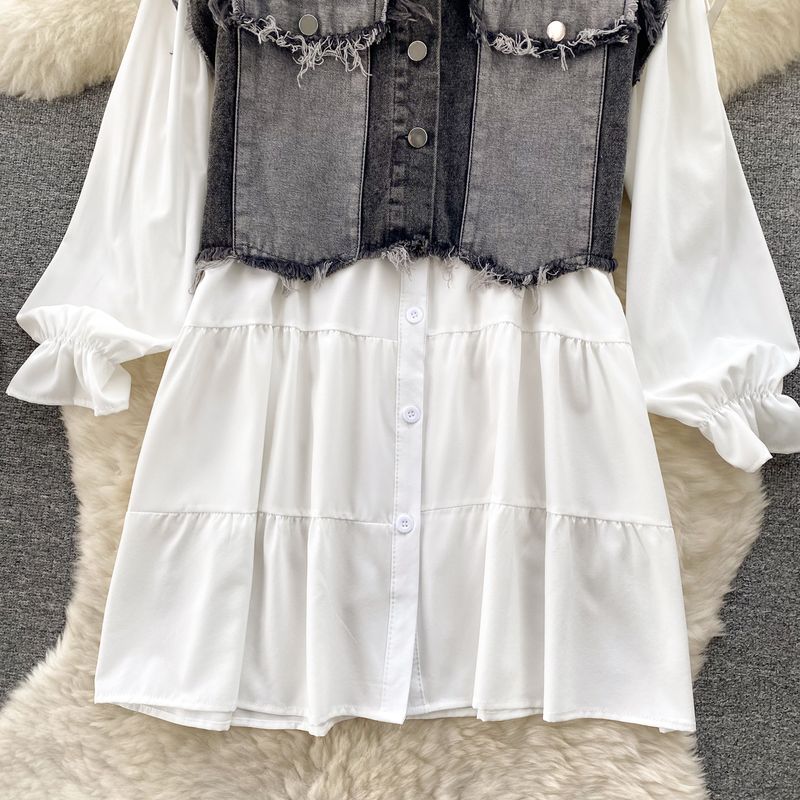 populära tvådelade kostymer, koreanska damkläder, designjacka i jeansväst, mångsidig babydollkjol, fashionabla tvådelade kostymer_voghion.com