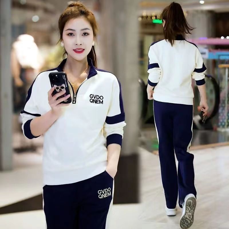 001 2025 Primavera e Autunno Nuovi Pantaloni da Donna con Colletto alla Coreana e Mezza Cerniera Color Block a Gamba Larga, Sportivi Casual da Corsa, Due Pezzi_voghion.com