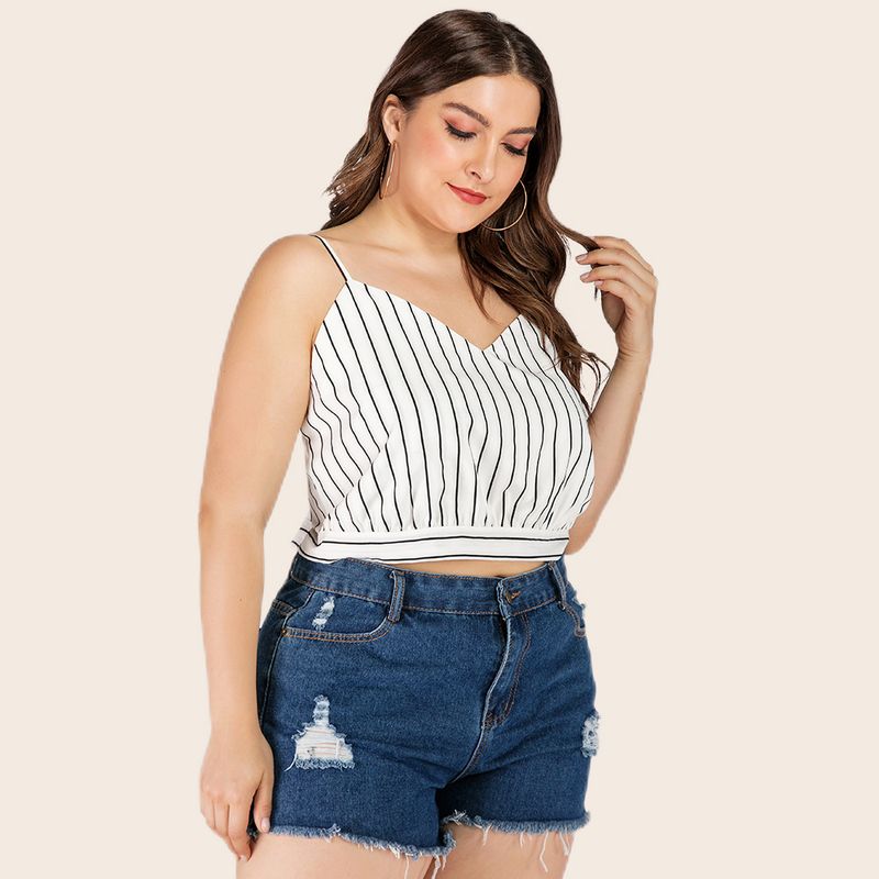 2023 Summer New Large Women's Black and White Stripe Bra Off Shoulder Sling Casual Tank Top JR327_voghion.com