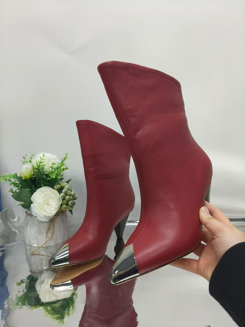 2025 Spring And Autumn New Cowhide Pointed Fashion Short Boots Large Size Women's High Heel Iron Toe Shoes_voghion.com