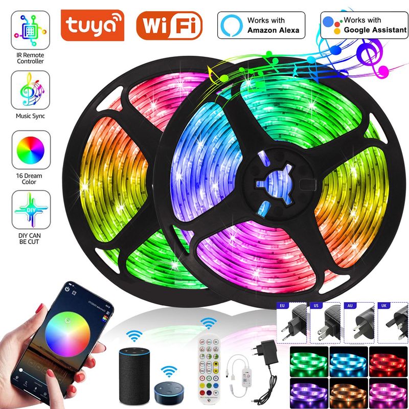 Tira de LED Wifi Tuya de 20 m y 50 pies, 12 V, 5 m, funciona con Alexa, Google Assistant, control por Bluetooth, cinta de luz de neón RGB 2835 para habitación_voghion.com