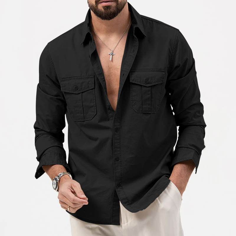 2024 Nova Estação Independente Transfronteiriça Camisa Masculina Multi-bolso Casual Manga Longa Camisa Masculina_voghion.com