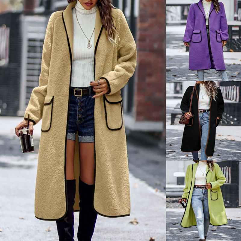 Cappotto lungo da donna con risvolto, in lana d'agnello tinta unita, a contrasto, con tasche_voghion.com