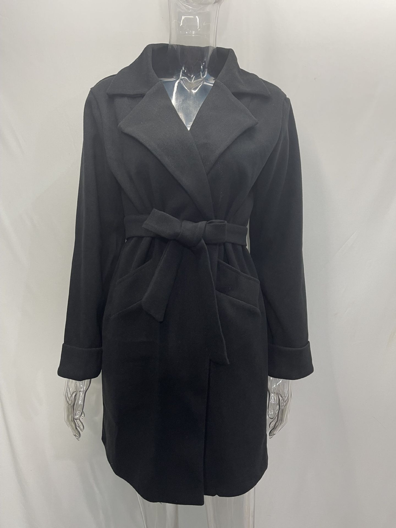 Herfst- en wintermode slanke wollen jas met revers en riem_voghion.com